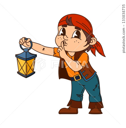 Boy kid pirate with lantern cartoon funny character. Kid corsair skipper cute isolated personage, pirate crew boatswain happy vector character. Filibuster child fighter funny isolated mascot Boy kid pirate with lantern cartoon funny character. Kid corsair skipper cute isolated personage, pirate crew boatswain happy vector character. Filibuster child fighter funny isolated mascot 133838735