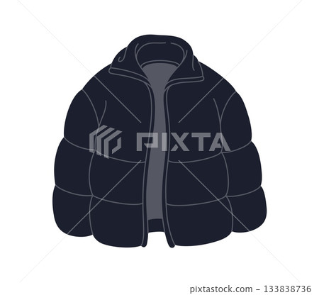 Winter wardrobe black puffer jacket, outdoor outfit item. Cold weather apparel outfit isolated element, winter wardrobe garment vector item. Autumn or spring black puffer jacket cartoon sticker 133838736