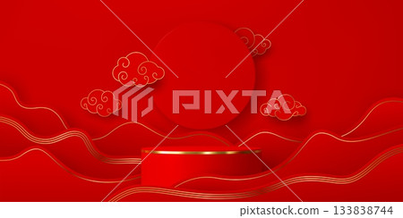 3D Asian Chinese podium stage with golden trim, red waves and clouds, vector elegant festive background. Podium stage with Chinese ornament of clouds and waves with golden line and round platform 133838744