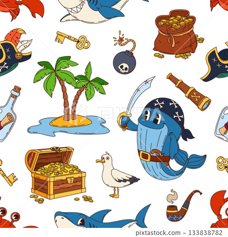 Funny animal pirates seamless pattern with whale corsair in sailor bandana and treasure chest, vector background. Kids cartoon pattern of Caribbean island with captain hat, gold coins and crab animal 133838782
