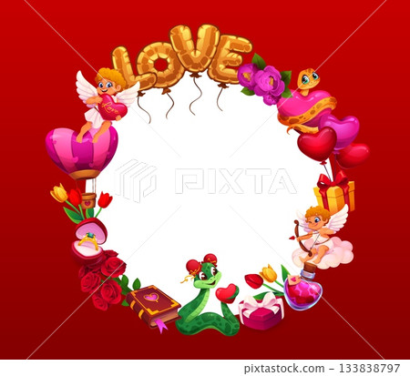 Happy Valentine Day greeting card with heart balloons and cupids frame, vector banner. Valentine Day holiday greeting card with snake, cherub angel and wedding ring, love potion and flowers with gifts Happy Valentine Day greeting card with heart balloons and cupids frame, vector banner. Valentine Day holiday greeting card with snake, cherub angel and wedding ring, love potion and flowers with gifts 133838797