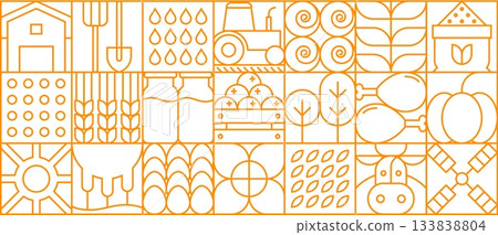 Abstract geometric farm pattern for agriculture and farming background, vector mosaic tile. Cattle farm, cow and vegetables harvest, wheat barn and tractor or garden plants in geometric line pattern 133838804