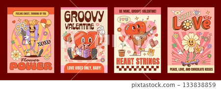 Valentine groovy hippie love characters posters with funky heart and flower, cartoon vector. Valentine day Y2K groovy funny heart character with guitar, love gift and daisy flower on retro posters 133838859