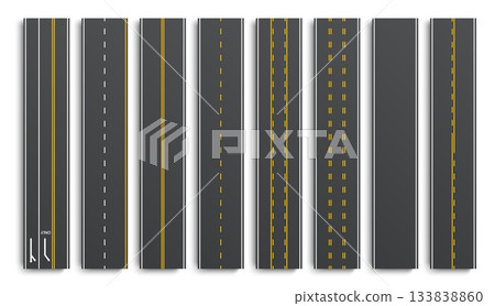 Realistic top view of asphalt vector highway and road segments with dashed, solid and double lines and directional arrows. Map, game interface, driving lessons, traffic education road segments Realistic top view of asphalt vector highway and road segments with dashed, solid and double lines and directional arrows. Map, game interface, driving lessons, traffic education road segments 133838860