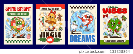 Vintage Christmas groovy hippie characters xmas posters. Vector retro holiday disco ball, Christmas bell, festive ornament and candy on ice skates, surrounded by snowflakes, bows and seasonal gifts Vintage Christmas groovy hippie characters xmas posters. Vector retro holiday disco ball, Christmas bell, festive ornament and candy on ice skates, surrounded by snowflakes, bows and seasonal gifts 133838864