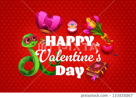 Happy Valentine s day greeting card or flyer. Saint Valentine day flyer or poster, love holiday greeting card with cute snake cartoon character, tulips flowers, engagement ring and hot air balloon Happy Valentine s day greeting card or flyer. Saint Valentine day flyer or poster, love holiday greeting card with cute snake cartoon character, tulips flowers, engagement ring and hot air balloon 133838867