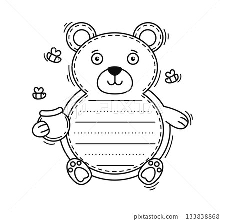 Grizzly bear cheerful animal kids memo note frame. Schedule page vector sticker, wild animal scrapbook memo note. Children planner list frame with bees and bear funny character holding honey jar Grizzly bear cheerful animal kids memo note frame. Schedule page vector sticker, wild animal scrapbook memo note. Children planner list frame with bees and bear funny character holding honey jar 133838868