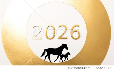 2026年新年賀卡背景，採用金色箔片設計和馬匹剪影 - 生成式人工智慧 133838978