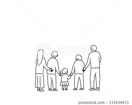 Back view of a family of five (grandfather, grandmother, couple, grandchild, daughter), line drawing Back view of a family of five (grandfather, grandmother, couple, grandchild, daughter), line drawing 133839015