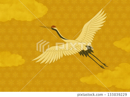 描繪鶴群在圖案和雲朵間翩翩起舞的插圖 133839229