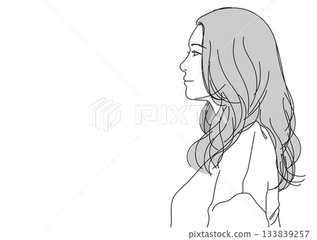 Profile of a young woman with long black hair, upper body bust up, monochrome Profile of a young woman with long black hair, upper body bust up, monochrome 133839257