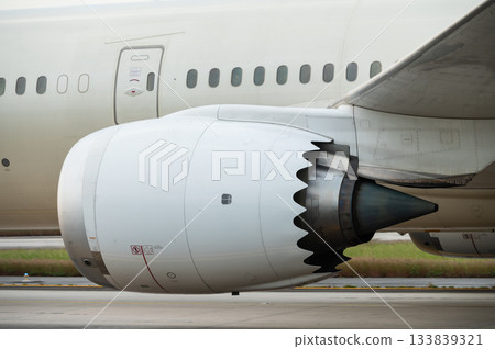 View of a large turbofan jet engine on an airliner 133839321