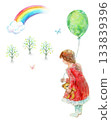Watercolor girl with balloons and rainbow 133839396