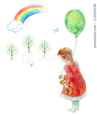 Watercolor girl with balloons and rainbow Watercolor girl with balloons and rainbow 133839396