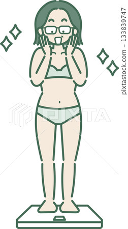 Illustration of a woman in her 40s who is happy to have successfully lost weight by stepping on a weighing scale Illustration of a woman in her 40s who is happy to have successfully lost weight by stepping on a weighing scale 133839747