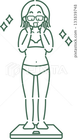 Illustration of a woman in her 40s who is happy to have successfully lost weight by stepping on a scale (line drawing only) Illustration of a woman in her 40s who is happy to have successfully lost weight by stepping on a scale (line drawing only) 133839748