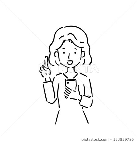 線描:一位年輕女子手持智慧型手機,食指豎起 線描:一位年輕女子手持智慧型手機,食指豎起 133839786