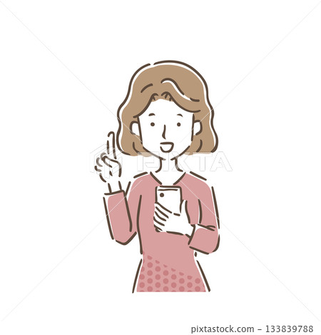 一位年輕女子手持智慧型手機，向上指著。 133839788