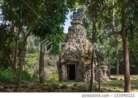 Small ancient stone tower standing alone in middle of green forest at angkor wat archaeological site in siem reap 133840122