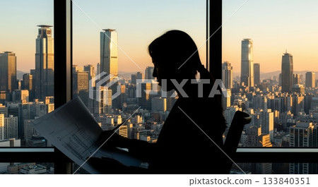 Asian businesswoman reading financial newspaper while drinking coffee at modern office window overlooking city skyline during golden hour sunset Asian businesswoman reading financial newspaper while drinking coffee at modern office window overlooking city skyline during golden hour sunset 133840351