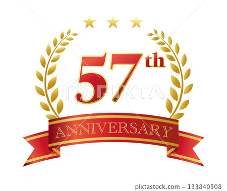 57週年紀念圖示。紅色絲帶和裝飾框。 133840508