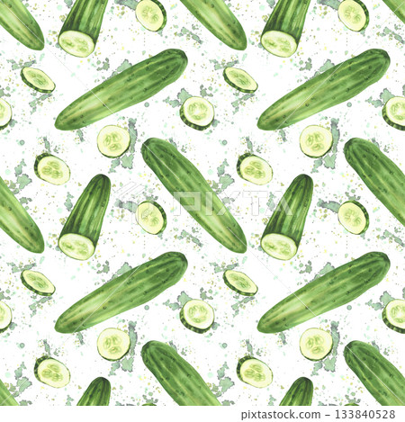 Cucumber with slices seamless pattern. Whole vegetable and sliced in circles fruit. Food packaging, fabric on isolated white background with watercolor green splashes stains hand drawn illustration 133840528