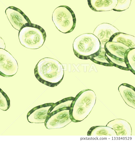 Sliced cucumber slices watercolor seamless pattern. Fresh vegetable cut circles. Hand drawn illustration for farming food fabric, packaging, kitchen wallpaper design on isolated light green background Sliced cucumber slices watercolor seamless pattern. Fresh vegetable cut circles. Hand drawn illustration for farming food fabric, packaging, kitchen wallpaper design on isolated light green background 133840529