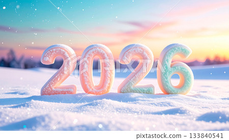 Happy New Year 2026 concept. 3D illustration of frozen number 2026 standing on a snow field with a beautiful pink sunrise sky background. Winter holiday season greeting card design. 133840541