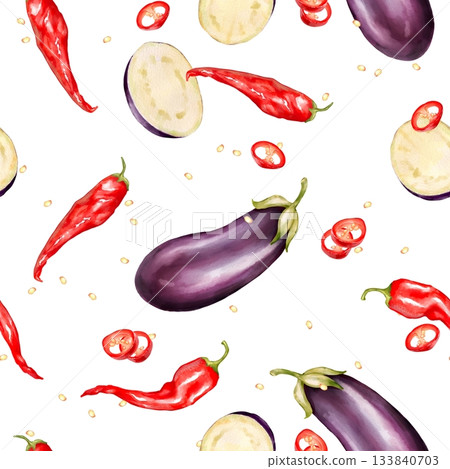 Seamless pattern featuring whole eggplants, eggplant slices, red chili peppers, and scattered seeds on white background 133840703