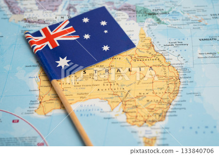 Bangkok, Thailand  January 20, 2022 Australia flag on world map, travel, geography, tourism and exploration. 133840706