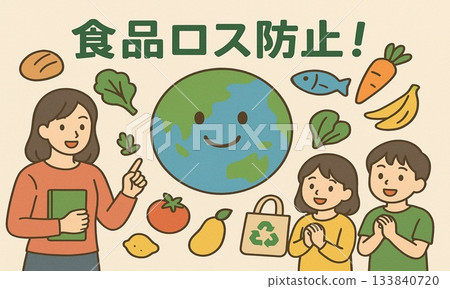 食物浪費預防海報插圖 | 永續發展目標、環境教育、了解食材的重要性 133840720