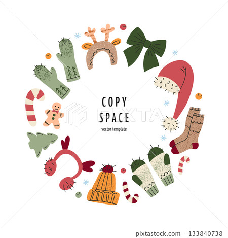 Vector illustration in flat cartoon style with Christmas postcard template, copy space and festive frame of Santa hat, mittens, reindeer accessories, knitted socks, candy cane and gingerbread decor Vector illustration in flat cartoon style with Christmas postcard template, copy space and festive frame of Santa hat, mittens, reindeer accessories, knitted socks, candy cane and gingerbread decor 133840738