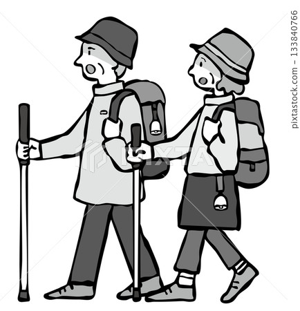 Senior men and women who are scared after encountering something while hiking 133840766