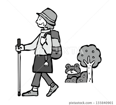 Senior woman hiking wearing a bear bell 133840901