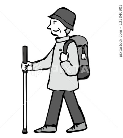 Senior man hiking wearing a bear bell Senior man hiking wearing a bear bell 133840903