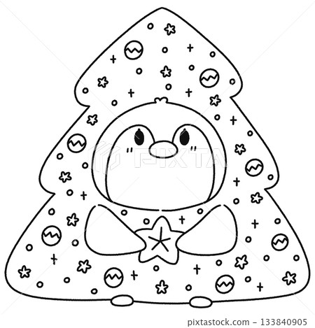 Penguin Wearing A Christmas Tree Costume - Outline 133840905