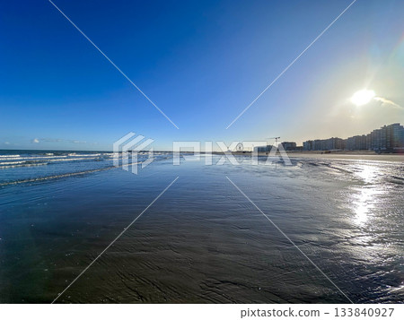 Spacious shimmering coastal plain beneath clear sky and sunlight 133840927