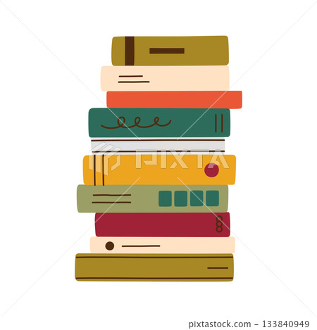 Vector illustration in flat cartoon style with stack of colorful books collection, reading novels and library atmosphere, home reading corner, cozy literature set for education and editorial use 133840949