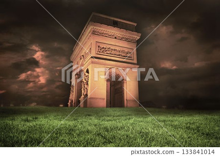 Stone arch is standing on grassy field under dramatic clouds with carved reliefs in flat design 133841014