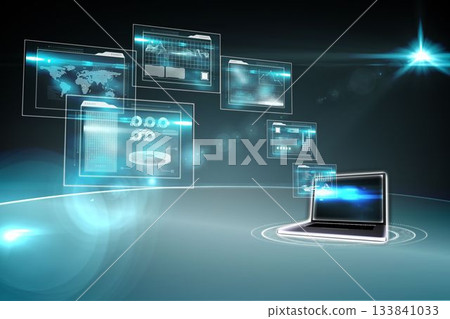 3D render laptop is floating on glowing platform with holographic world map and data dashboards 3D render laptop is floating on glowing platform with holographic world map and data dashboards 133841033