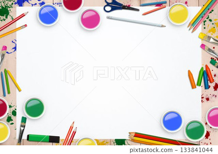 Blank white paper sheet is being shown in flat design wooden table with paint pots, pencils Blank white paper sheet is being shown in flat design wooden table with paint pots, pencils 133841044