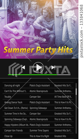 Friends are jamming at camper van in flat design music UI showing guitar, Summer Party Hits Friends are jamming at camper van in flat design music UI showing guitar, Summer Party Hits 133841068