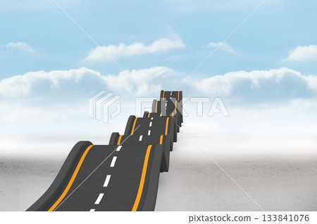 Flat design highway is undulating over misty plain with dashed white line, yellow edges and clouds 133841076