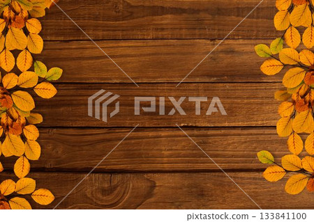 Showcasing rustic wooden plank surface with autumn leaf clusters framing sides in flat design Showcasing rustic wooden plank surface with autumn leaf clusters framing sides in flat design 133841100
