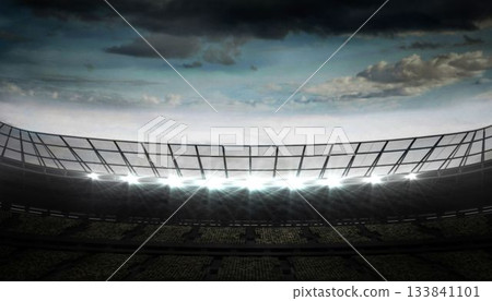 Flat design is showing empty stadium seats under overcast sky and curved roof with lit floodlights Flat design is showing empty stadium seats under overcast sky and curved roof with lit floodlights 133841101
