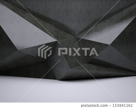 Faceted concrete structure is meeting pale floor featuring triangular facets with soft lighting 133841162