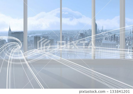 White curved light trails are flowing across highrise room with shiny floor, city view, flat design 133841201