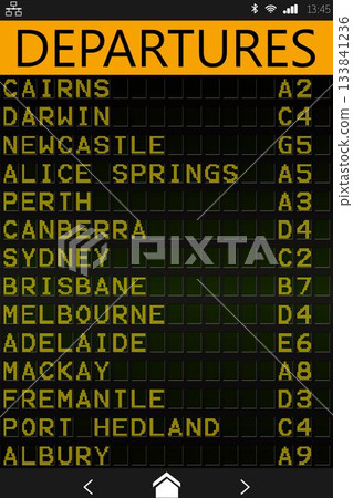 Mobile device UI is showing flat design digital departures board with city listings and status bar Mobile device UI is showing flat design digital departures board with city listings and status bar 133841236