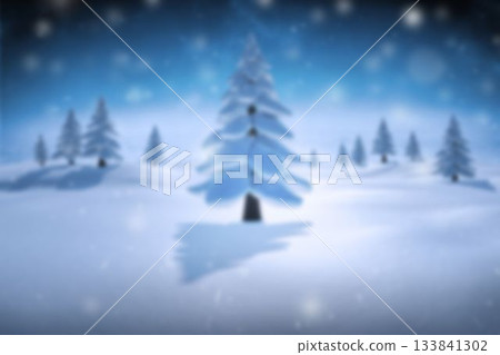 Snow-laden pine is standing in flat design evergreen grove with snowdrifts and falling snowflakes 133841302