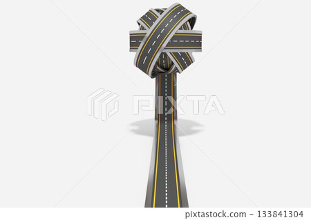 Knotted road is looping in 3D render on white background, dashed lines and yellow shoulder stripes Knotted road is looping in 3D render on white background, dashed lines and yellow shoulder stripes 133841304